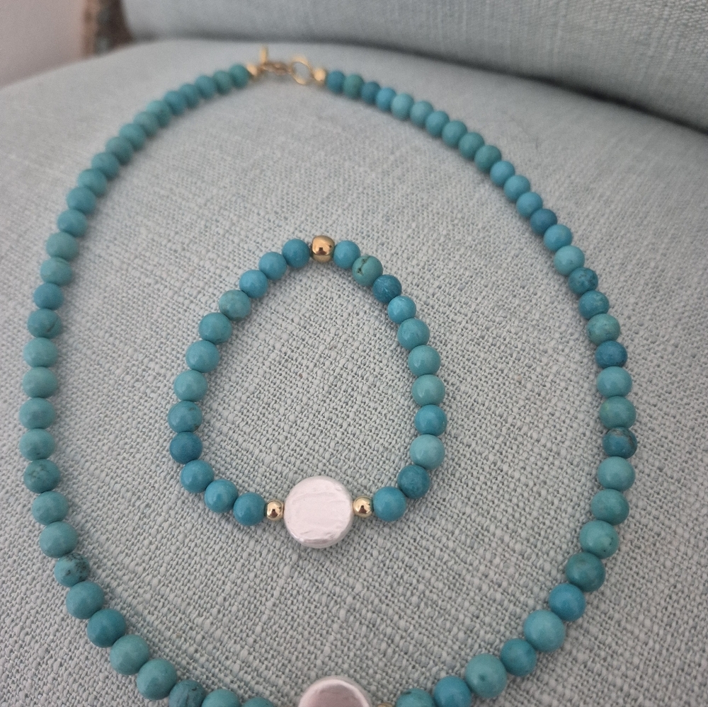 Turquoise NATURAL w/Coin Pearl Choker,Matching Braclet - Picture 6 of 6